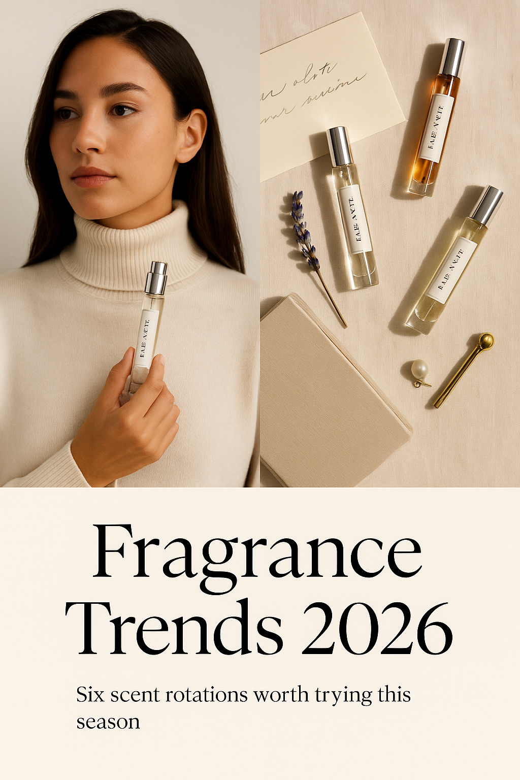 Fragrance Trends 2026 editorial pin with Base Note vials