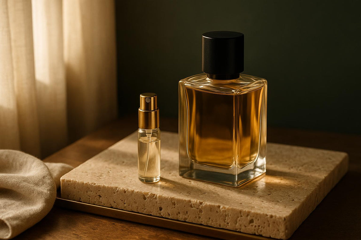 A small 5 ml fragrance atomizer standing beside a large full-size perfume bottle on a travertine surface in warm daylight