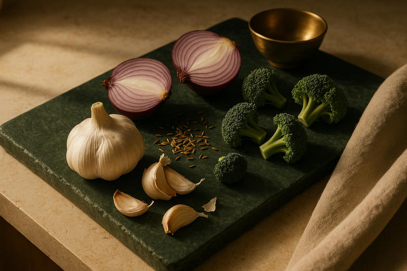 Whole garlic bulbs, halved red onions and broccoli florets arranged on a dark stone surface in warm side light