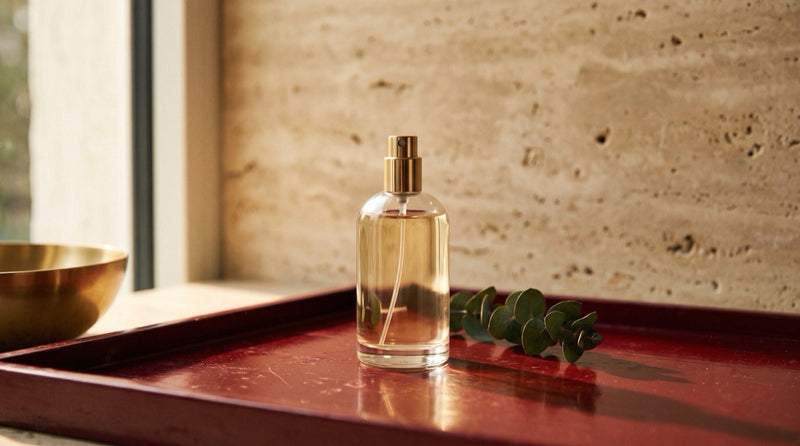 A small clear fragrance atomizer standing on a deep red surface in warm directional light, casting a long shadow