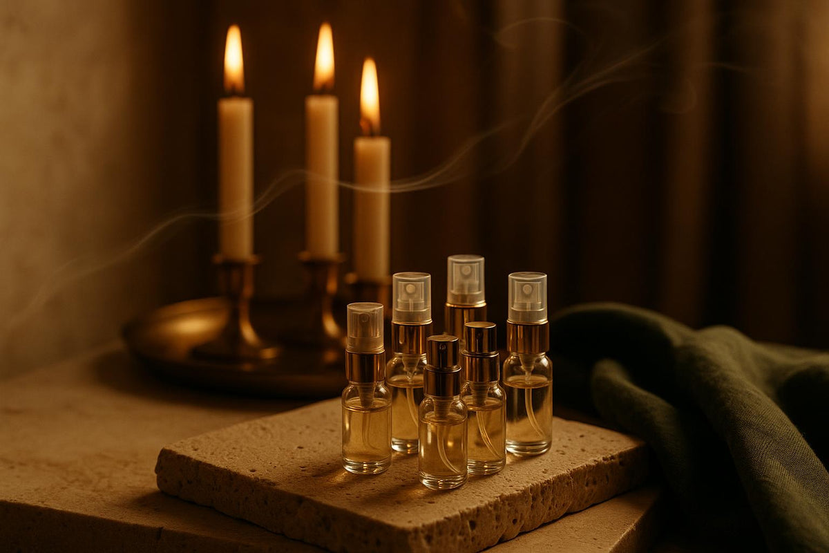 Several small fragrance atomizers arranged on a travertine surface beside lit candles, thin smoke drifting through warm low light