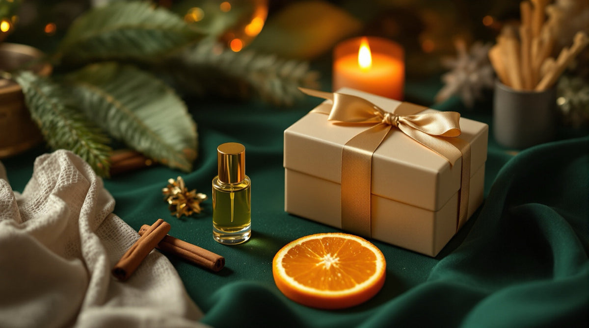 Wrapped holiday gift box beside a luxury fragrance sample vial set