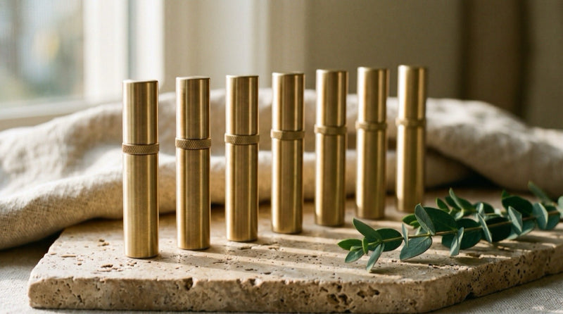 Unlabelled 5 ml twist-up fragrance atomizers arranged in a row on a travertine surface in warm daylight