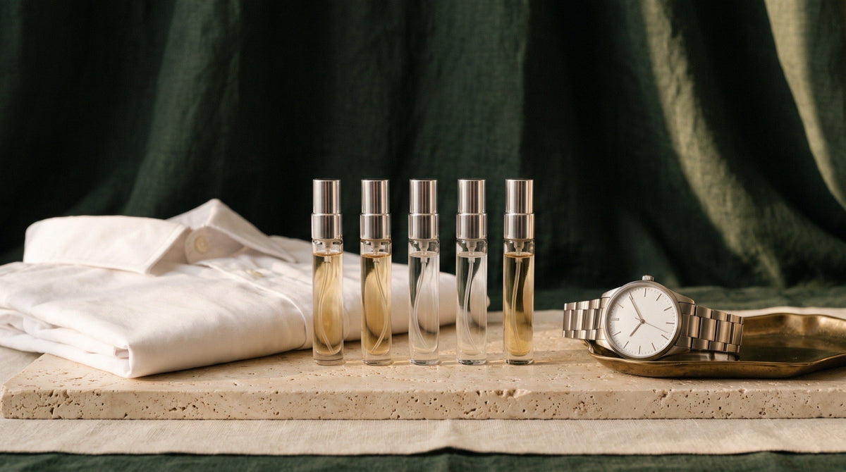 Five generic unbranded clear-glass 5 ml fragrance atomizers with plain silver caps on a cream travertine ledge beside a folded white dress shirt and a steel watch, with linen and brass details in warm early evening light