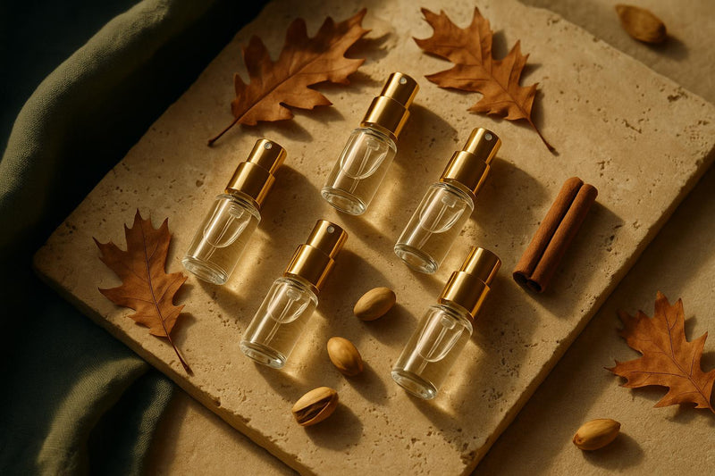 Autumn flat-lay of small 5 ml fragrance atomizers arranged on a travertine surface with dried leaves and linen