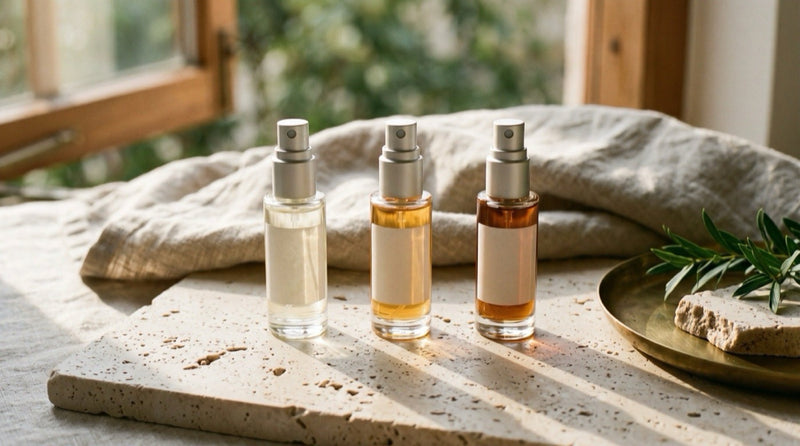 Three clear-glass 5 ml atomizers with silver caps standing in a row on travertine, each filled to a different level, in warm morning light