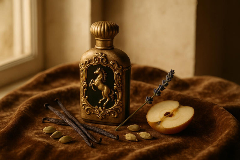 Parfums de Marly Layton bottle displayed beside its apple and vanilla notes