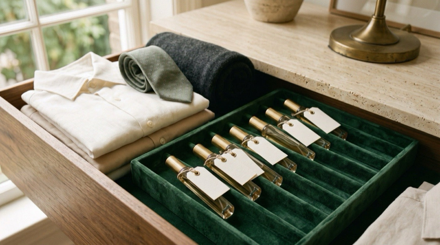 Five 5ml fragrance vials arranged to represent a complete scent wardrobe rotation