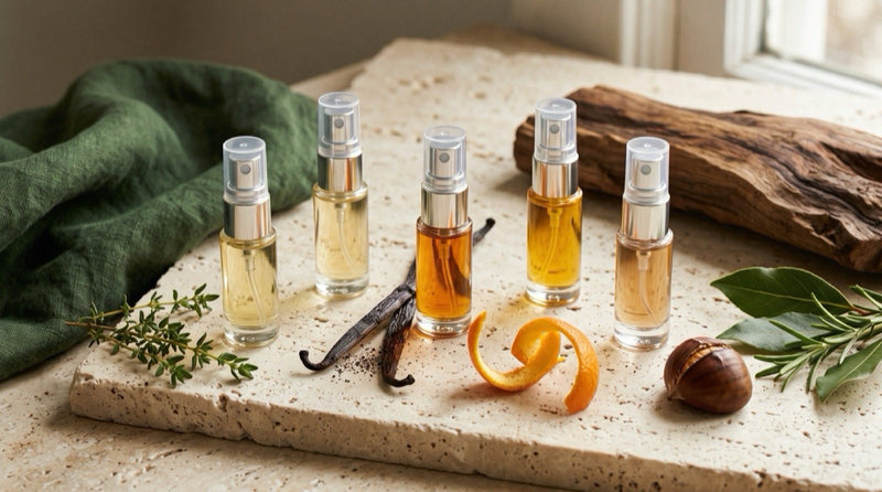Five unbranded fragrance atomizers with vanilla, citrus, chestnut, herbs, and dark woods