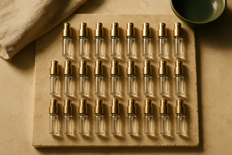 A grid of thirty-two identical 5 ml fragrance atomizers arranged in rows on a travertine surface