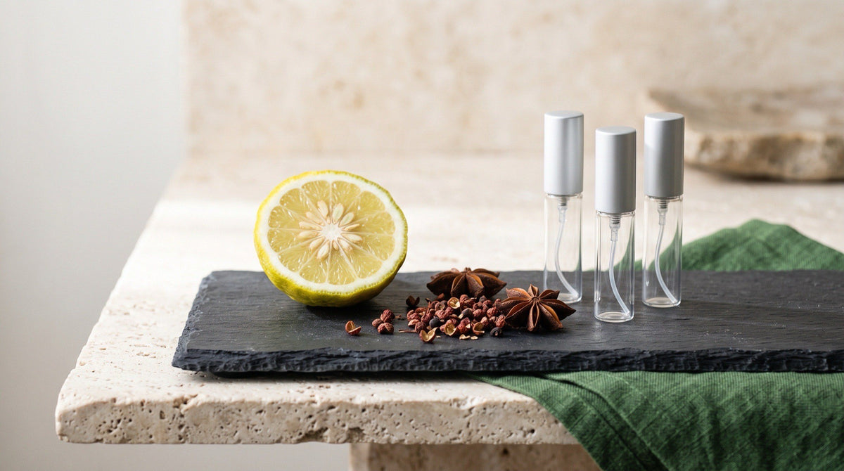 Halved bergamot, cracked Sichuan peppercorns and two star anise pods on a dark slate board beside three generic unbranded clear-glass 5 ml atomizers and a folded forest-green linen napkin on a cream travertine ledge in soft dawn light