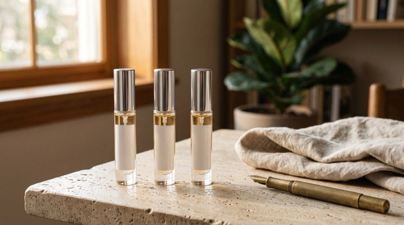 Three clear-glass 5 ml fragrance atomizers with silver caps arranged on a travertine desk beside a linen notebook in warm morning light