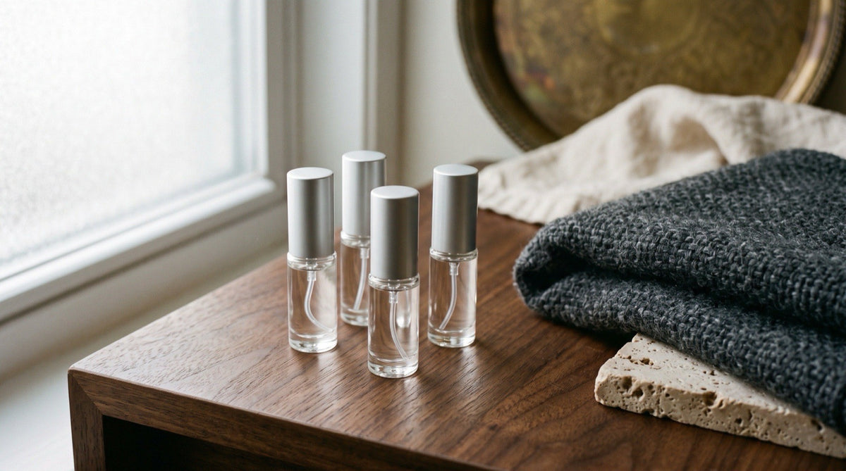 Four generic unbranded clear-glass 5 ml fragrance atomizers with plain silver caps on a dark walnut surface beside a folded charcoal wool scarf and a travertine block in soft frosted window light
