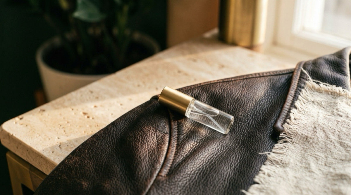 A small unbranded 5 ml glass atomizer resting on a folded dark brown leather jacket in warm afternoon light