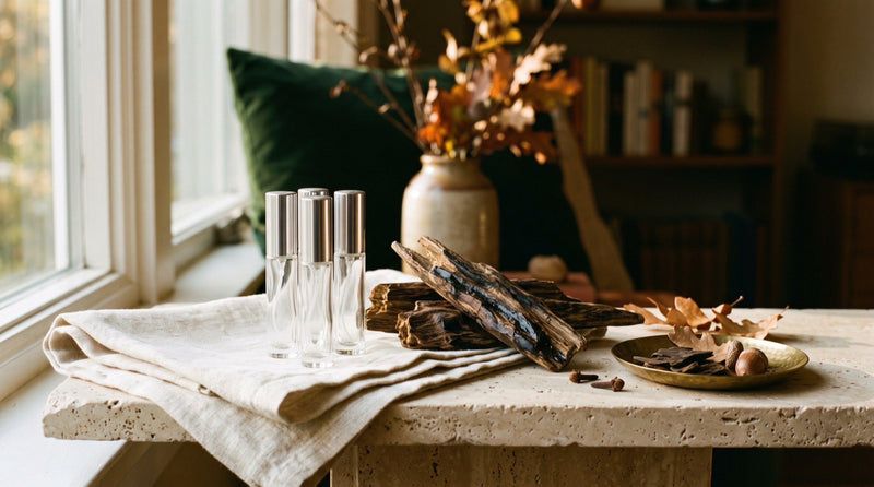 Dark resin-streaked agarwood pieces beside three generic unbranded clear-glass 5 ml atomizers on a cream travertine ledge with folded linen and a small brass dish in warm low autumn light