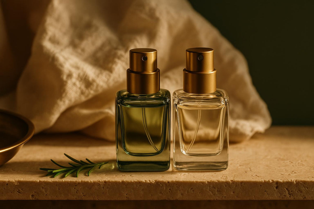 Two unlabelled 5 ml fragrance atomizers standing side by side on a travertine ledge in warm natural light