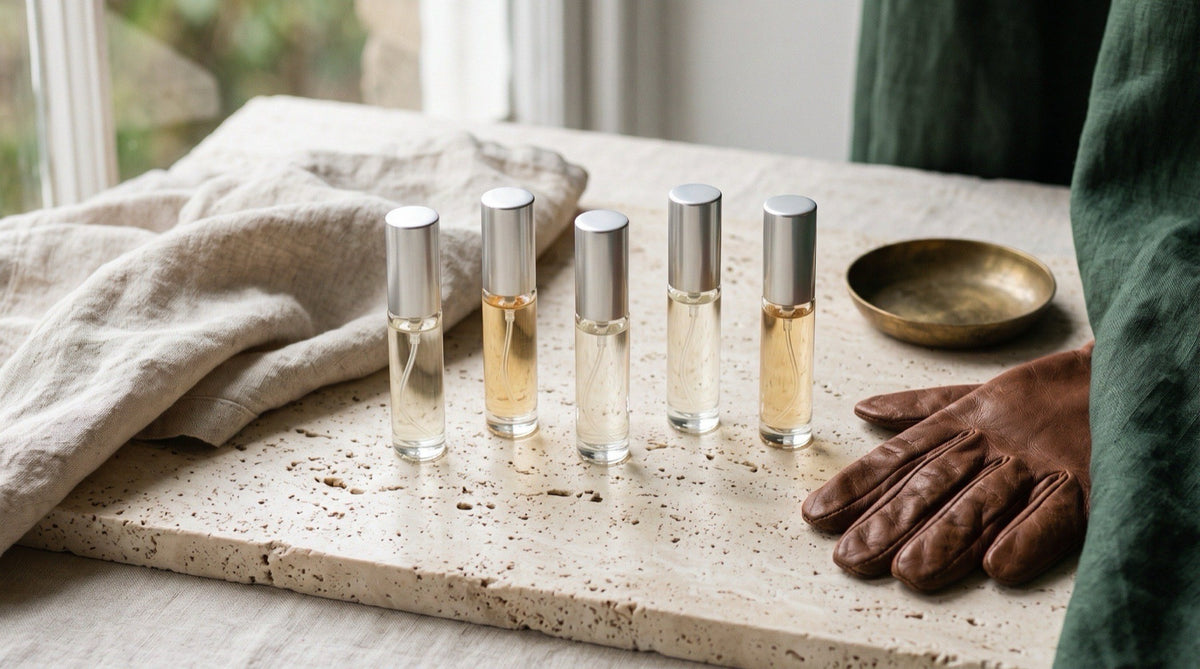 Five generic unbranded clear-glass 5 ml atomizers with plain silver caps in a loose row on a cream travertine surface beside folded linen, a small brass dish and a plain brown leather glove in soft morning light