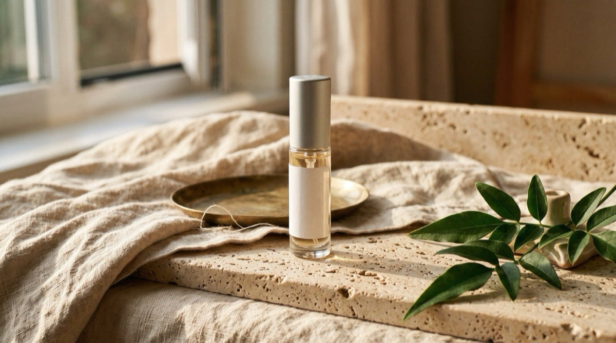 A clear-glass 5 ml atomizer with a silver cap resting on linen beside a folded shirt collar, mid-morning light
