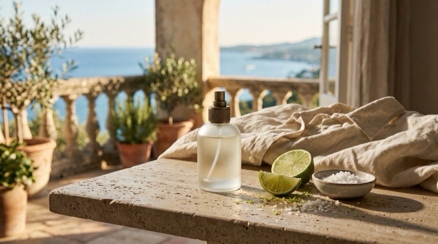 Man applying a light summer fragrance outdoors on a hot sunny day