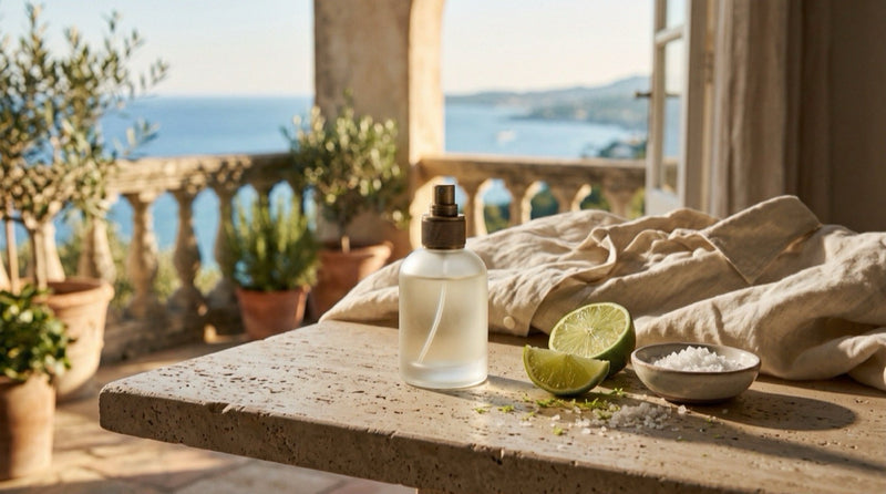 Man applying a light summer fragrance outdoors on a hot sunny day