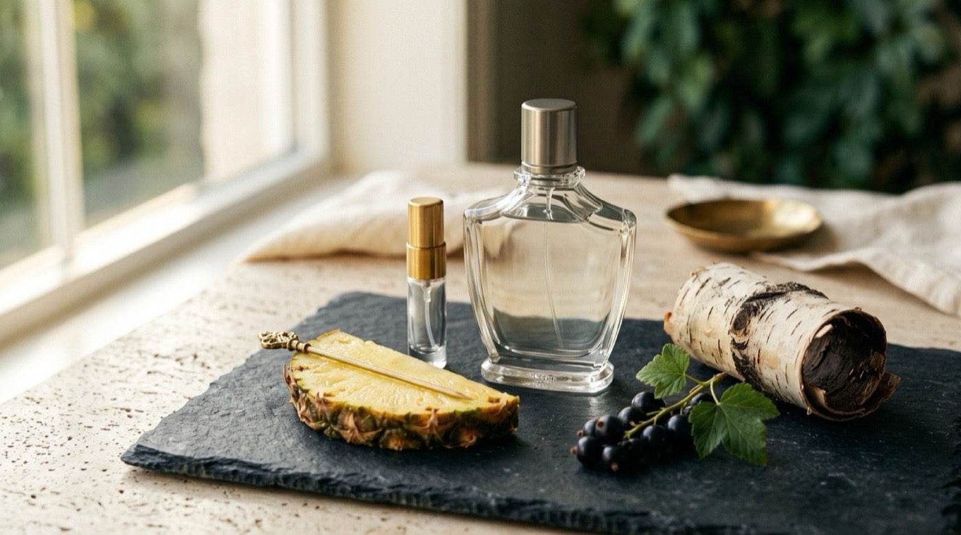 Amber Creed Aventus bottle displayed beside a 5ml travel-size sample vial