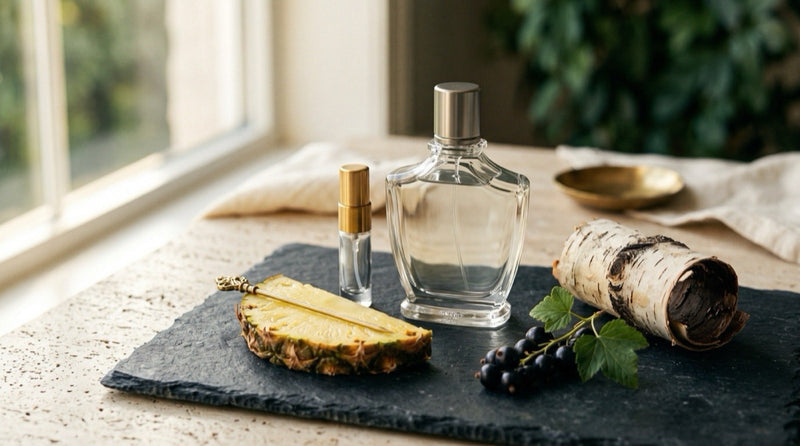 Amber Creed Aventus bottle displayed beside a 5ml travel-size sample vial