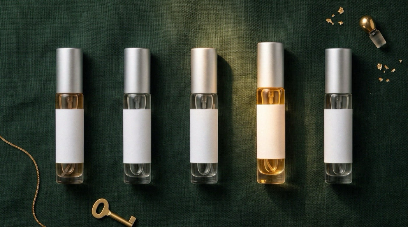 Five 5 ml fragrance atomizers lined up for comparison on dark green linen