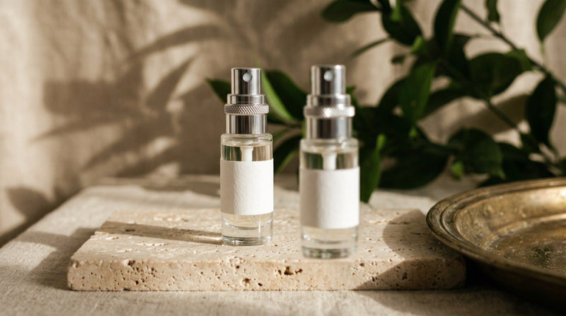 Two clear-glass 5 ml atomizers with silver caps and blank white labels side by side on travertine in warm daylight