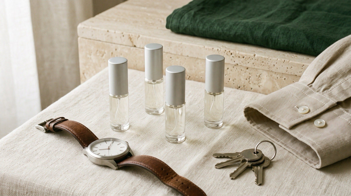 Four generic unbranded clear-glass 5 ml fragrance atomizers with plain silver caps on a cream linen surface beside a plain analogue watch, a set of keys and a folded linen shirt cuff in soft morning light