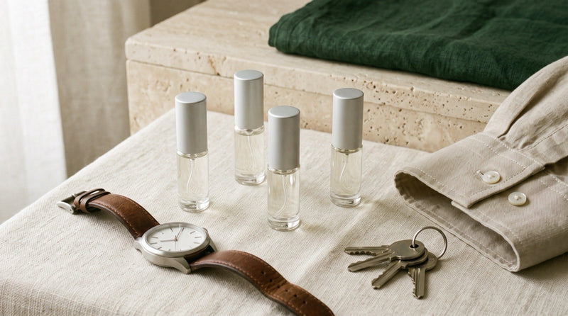 Four generic unbranded clear-glass 5 ml fragrance atomizers with plain silver caps on a cream linen surface beside a plain analogue watch, a set of keys and a folded linen shirt cuff in soft morning light