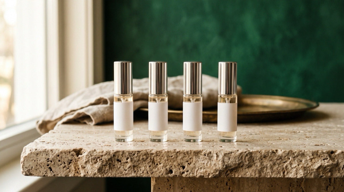 Four clear-glass 5 ml fragrance atomizers with silver caps arranged on a travertine ledge in warm daylight
