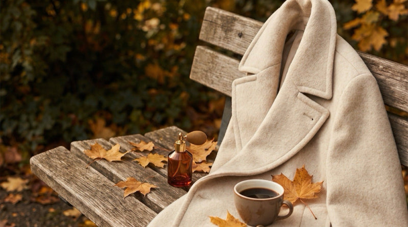 Warm amber and spice fragrance bottles styled for a fall scent rotation