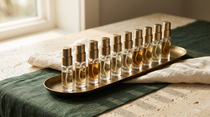 A considered row of generic unbranded clear-glass 5 ml atomizers on a brass tray set on travertine beside folded cream and forest-green linen in warm natural light