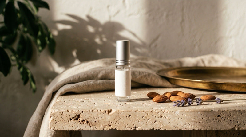 A clear 5 ml fragrance atomizer with a silver cap resting on a travertine ledge beside scattered almonds and a sprig of dried lavender in warm afternoon light