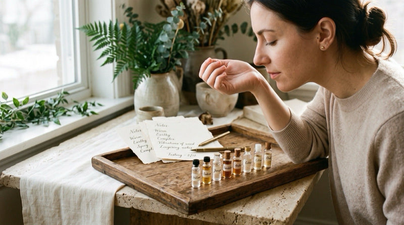 Man testing a fragrance sample on his wrist before committing to a bottle