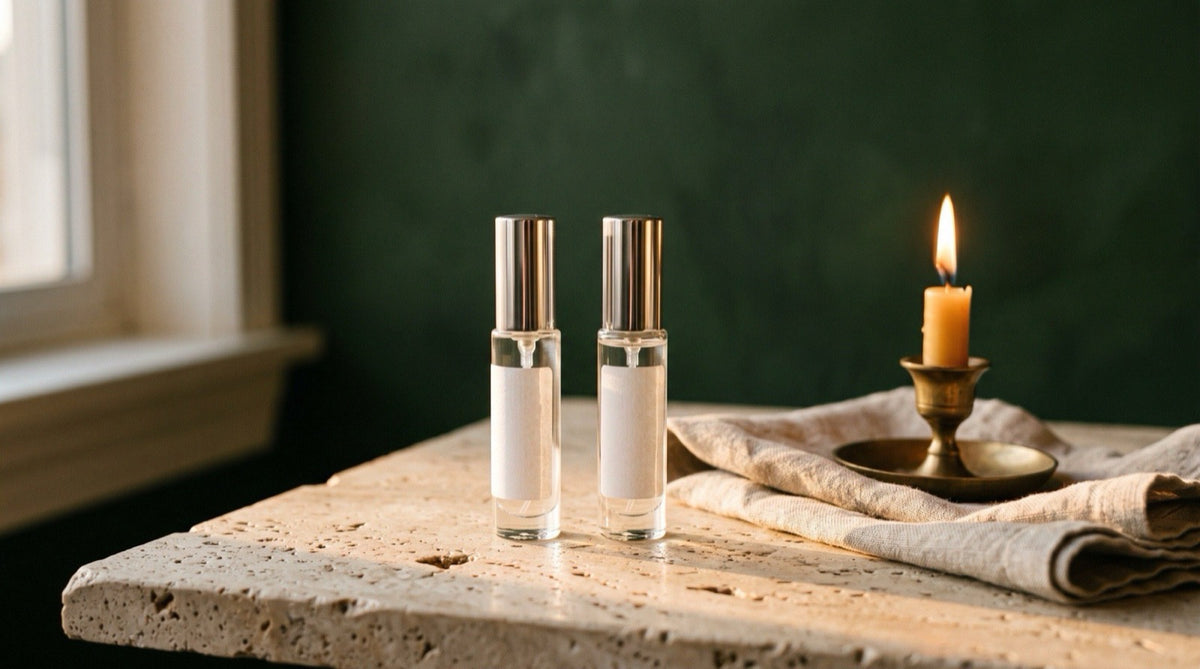 Two clear-glass 5 ml fragrance atomizers with silver caps on a travertine table beside a folded linen napkin and a brass candleholder, warm evening light