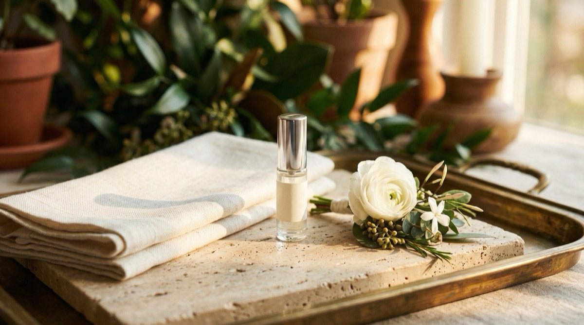 A clear-glass 5 ml fragrance atomizer with a silver cap resting on folded linen beside a boutonniere on a travertine surface in warm natural light