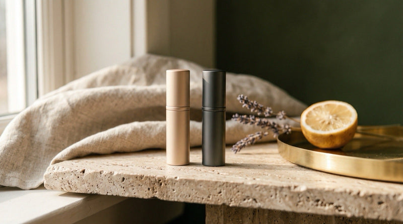 Two small twist-up fragrance atomizers resting side by side on a travertine ledge in warm morning light
