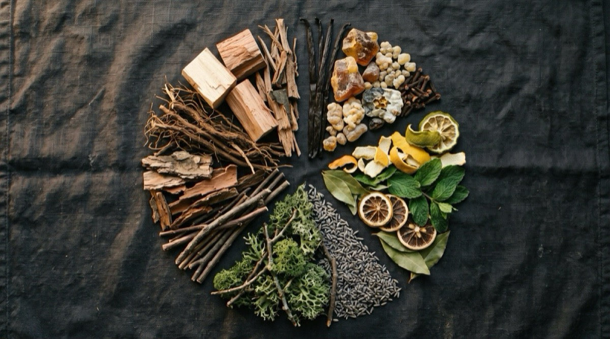 Fragrance family wheel showing woody, oriental, fresh, and fougere categories