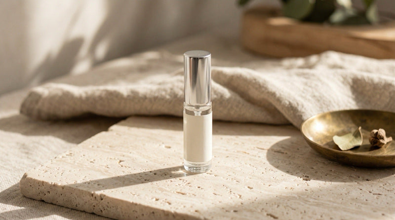 A clear-glass 5 ml atomizer with a silver cap resting on folded linen beside a travertine tray in warm morning light