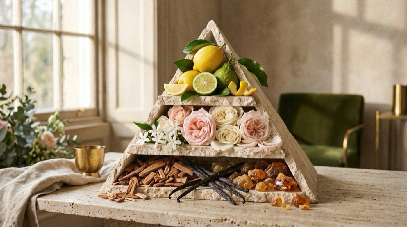 Perfume pyramid diagram showing top, heart, and base fragrance notes layered