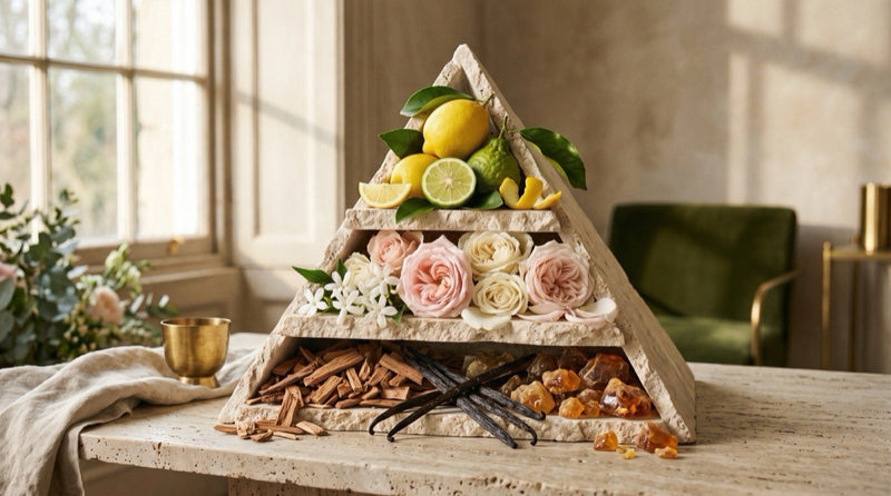 Perfume pyramid diagram showing top, heart, and base fragrance notes layered