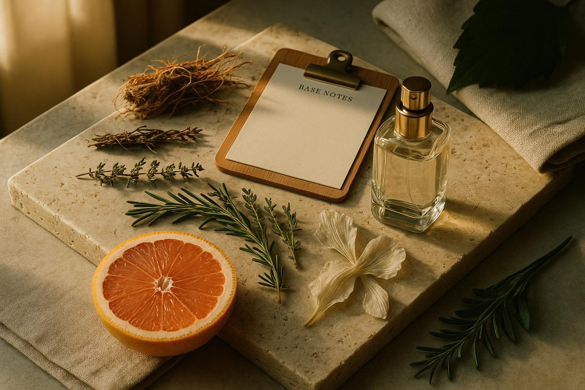 A note board arranged on travertine: vetiver root, a cut grapefruit, iris root and green herbs beside a small glass atomizer
