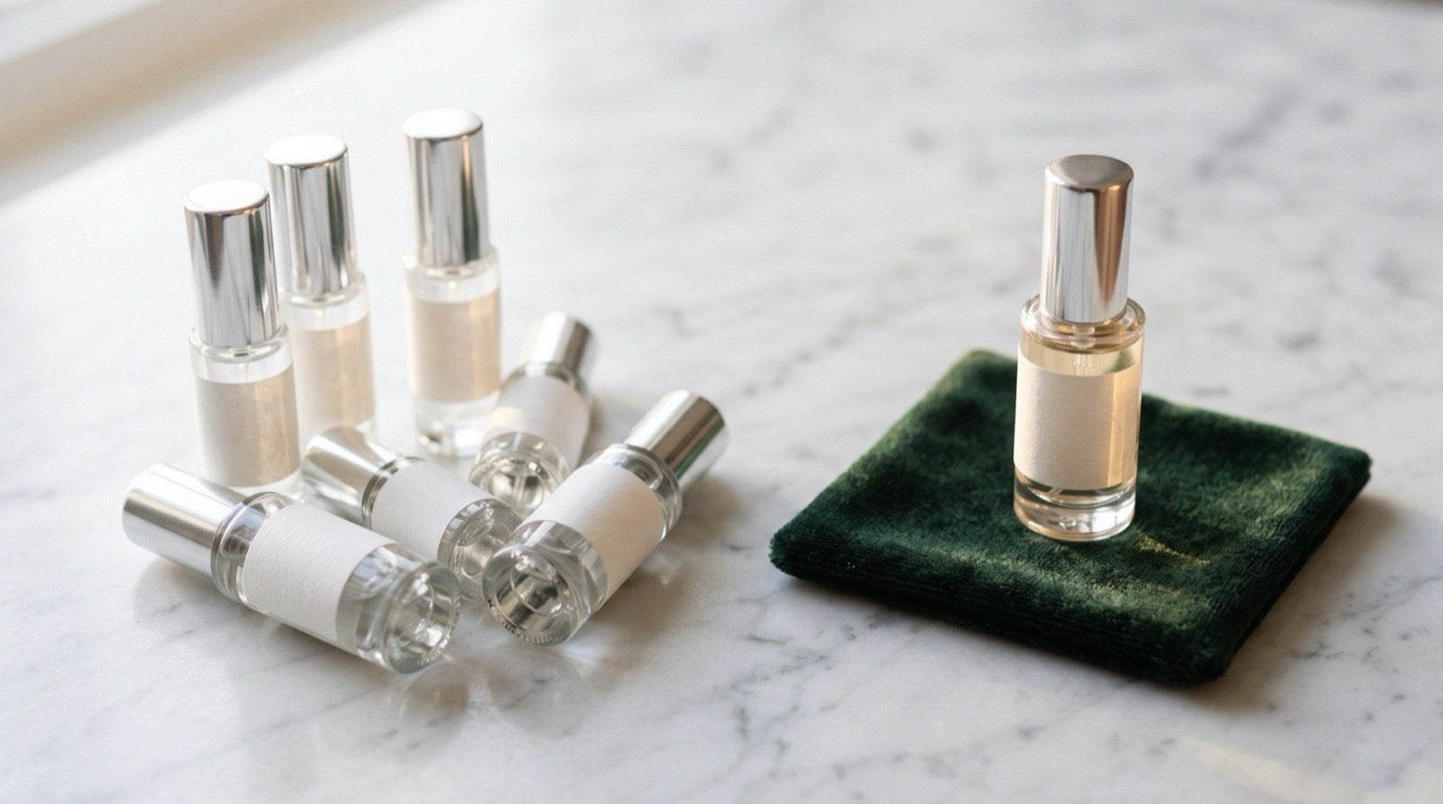 Small glass fragrance atomizers on marble, one set apart on green velvet