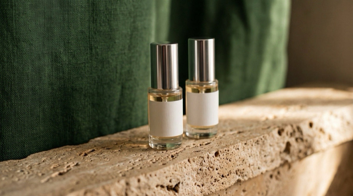 Two clear-glass 5 ml fragrance atomizers with silver caps and blank white labels on a travertine ledge in warm natural light