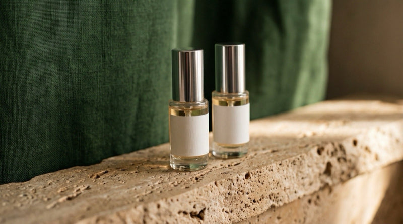 Two clear-glass 5 ml fragrance atomizers with silver caps and blank white labels on a travertine ledge in warm natural light