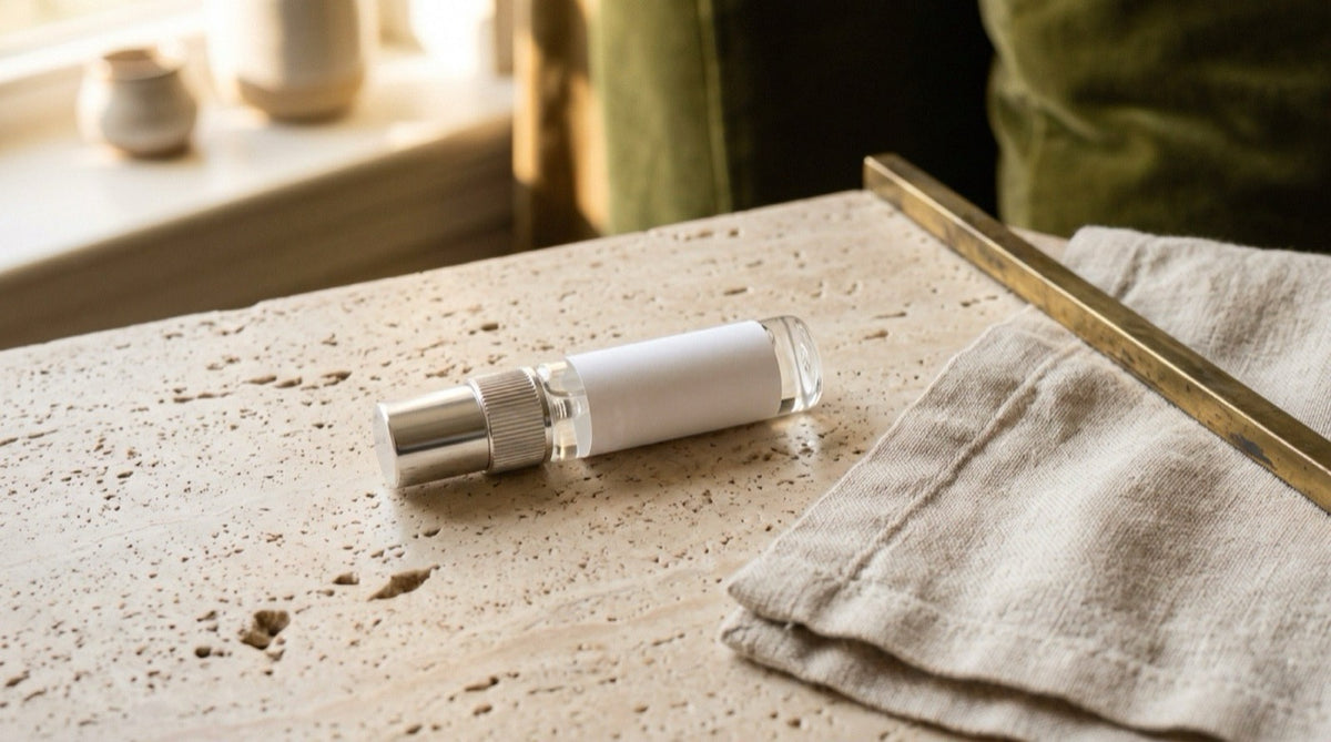 A single clear-glass 5 ml fragrance atomizer with a silver collar resting on a travertine surface beside a folded linen cloth in warm morning light