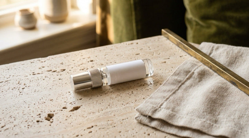 A single clear-glass 5 ml fragrance atomizer with a silver collar resting on a travertine surface beside a folded linen cloth in warm morning light