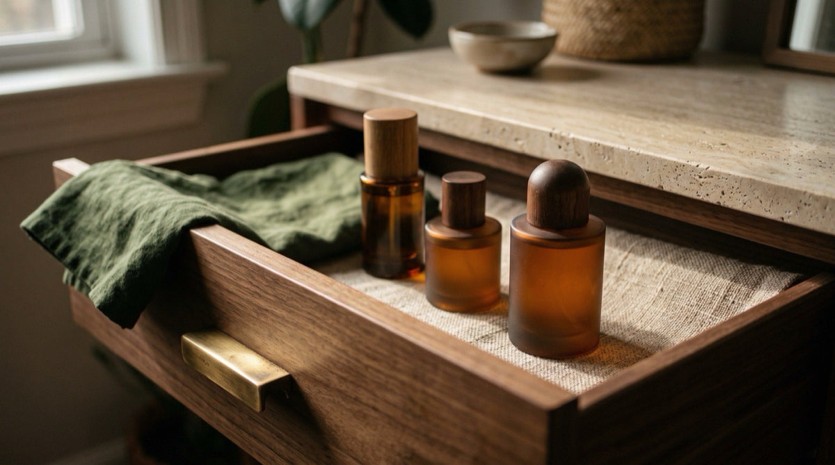 Unbranded amber and clear fragrance bottles resting inside an open wooden dresser drawer lined with linen, in soft shadow