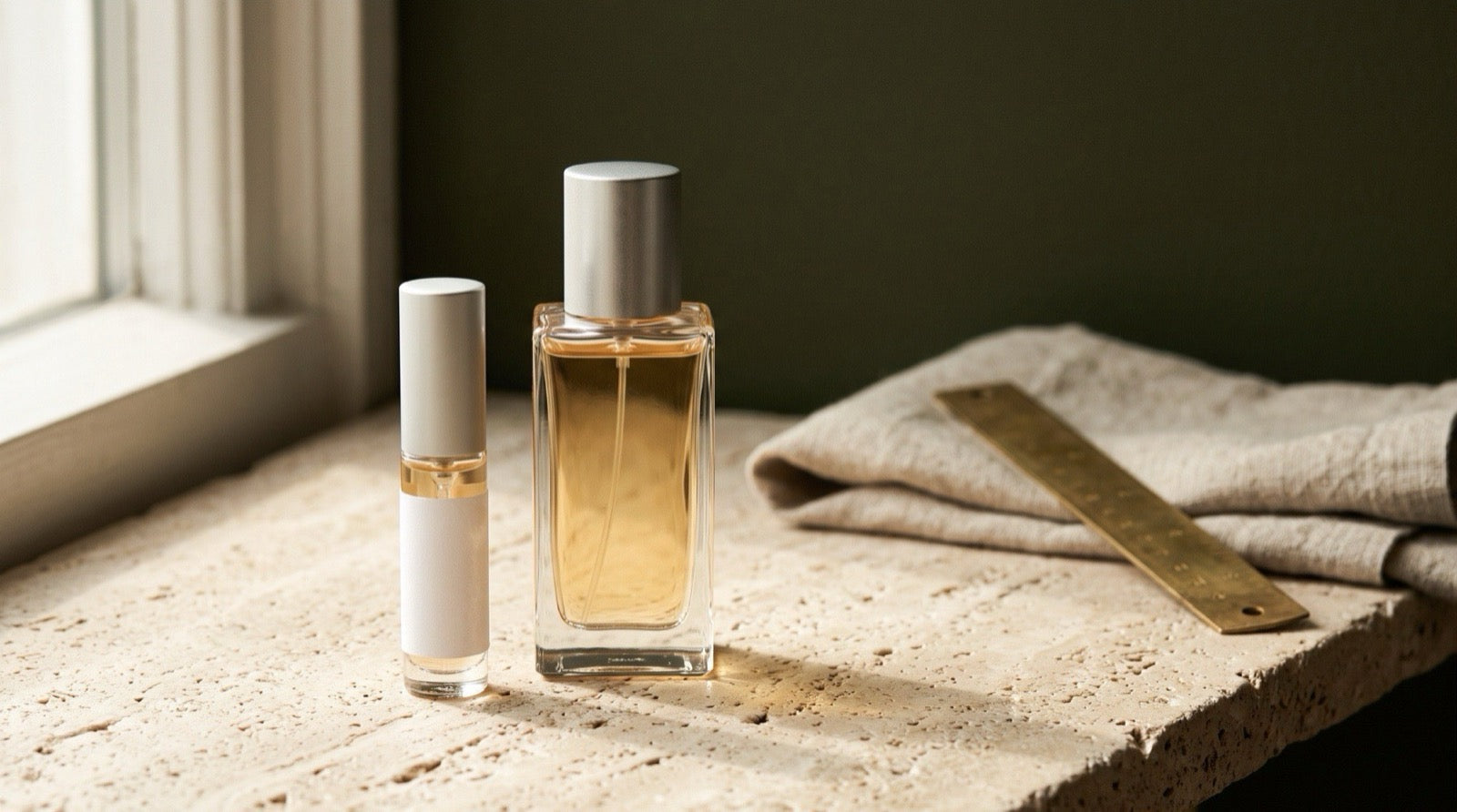 A clear-glass 5 ml atomizer with a silver cap standing beside a tall unbranded fragrance bottle on a travertine ledge in warm daylight